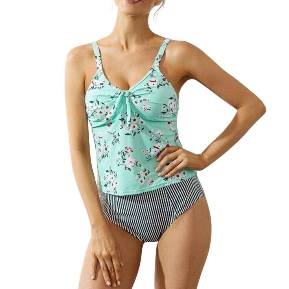 Beachsissi Blue Floral Tie Front Padded Swim Tankini Top LARGE NWT Cottagecore